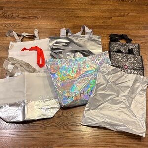 Athleta BUNDLE of Silver and Holographic shopping bag Tote Collection, 7